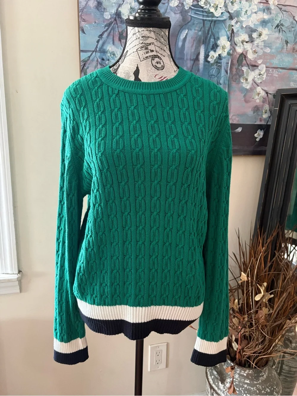 Tommy Hilfiger Green Cable Knit Crewneck Sweater with Striped Hem